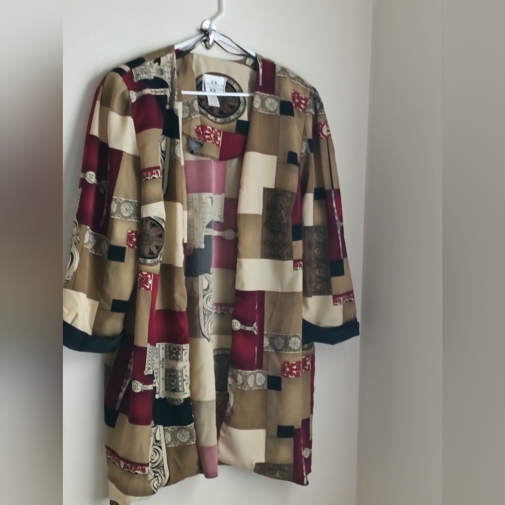 Studio C Blazer Women 20 Red and Tan Patchwork Artsy Art Academia Office Quirky